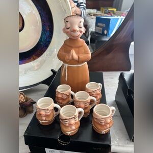 Lefton Monk decanter with 6 shot glasses